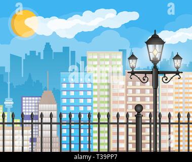 Modern city view. Cityscape with office and residental buildings, iron fence with street lamp, clouds, sky and sun. Vector illustration in flat style Stock Vector