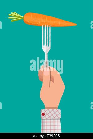 Carrot vegetable on fork in hand. Vector illustration in flat style Stock Vector