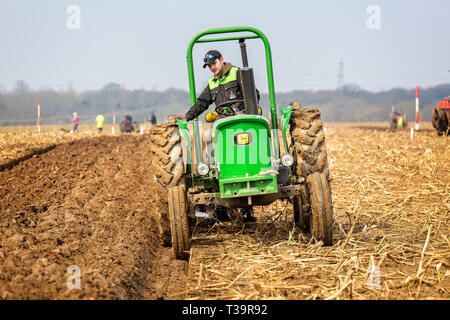 Vintage tractor ploughing competition near Lychett Matravers, Dorset, UK on 6 April 2019 Stock Photo