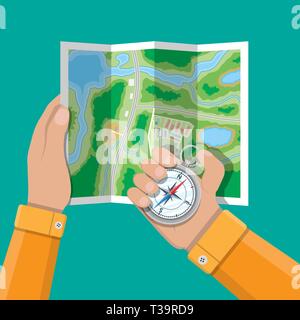 Folded paper city suburban map and compass in hands. Abstract generic map with roads, buildings, parks, river, lake. GPS and navigation. Vector illust Stock Vector