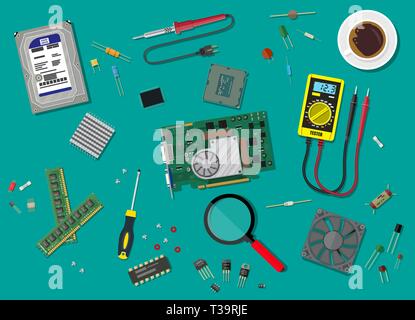 Hard drive, cpu, fan, graphic card, memory, screwdriver. Set of personal computer hardware. Digital multimeter and soldering tool. Fixing pc component Stock Vector