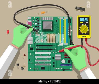 Hands of engineer with digital multimeter checks computer motherboard. PC hardware. Components for personal computer. PCB icon. Service, recovery, war Stock Vector