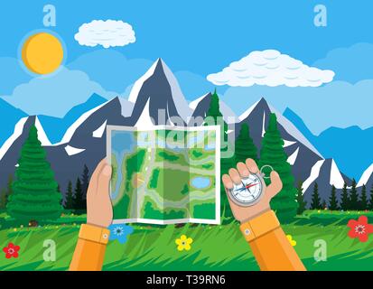 Folded paper city suburban map and compass in hands. Abstract generic map. GPS and navigation. Nature landscape with mountains and forest. Vector illu Stock Vector