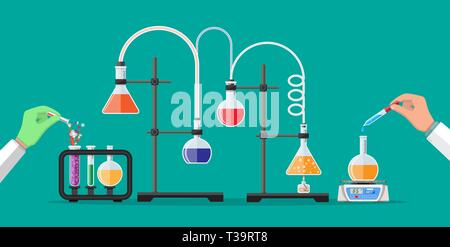 Laboratory workers holding glass tube and pipette. Biology science education medical tests. Vector illustration in flat style Stock Vector