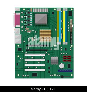 Motherboard isolated on white. PC hardware. Components for personal computer. PCB icon. Vector illustration in flat style Stock Vector