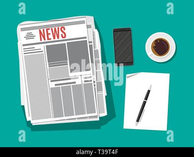 Newspaper, smartphone, paper blank with pen and coffee cup. Vector illustration in flat style Stock Vector