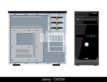 Computer case front and side view isolated on white. PC hardware. Components for personal computer. Vector illustration in flat style Stock Vector