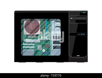 Desktop pc with window. Motherboard, hard drive, cpu, fan, graphic card, memory. Personal computer hardware. PC components inside case. Vector illustr Stock Vector