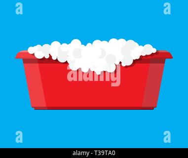 Red plastic basin with soap suds. Bowl with water. Washing clothes, cleaning equipment. Vector illustration in flat style Stock Vector