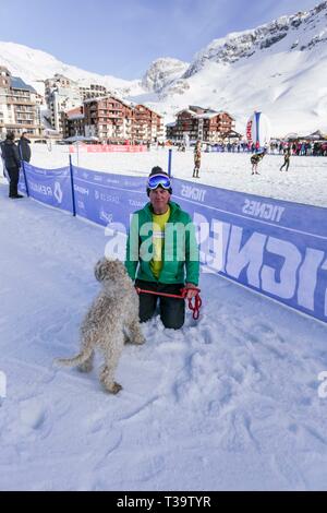 Stunning Australian Shepherd Dog in Snow Portrait (beautiful eyes), Tignes, France. Stock Photo