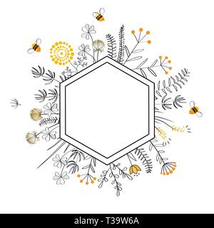 Frame with honey flowers and bees. Cartoon vector illustration. Stock Vector