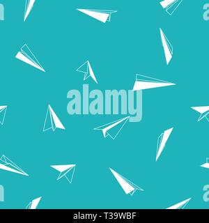 Paper planes seamless pattern. Blue background with different views of paper planes. Stock Vector