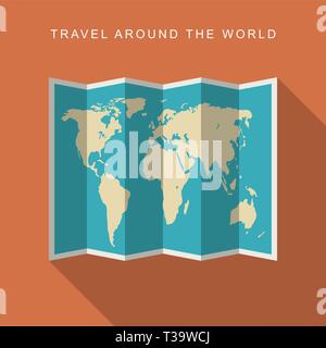 Paper world map with long shadow. Flat illustration of map. Stock Vector