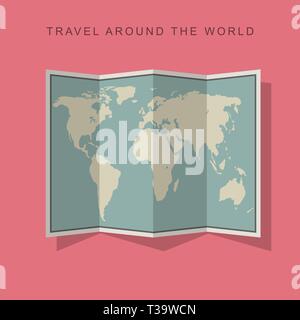 Folded paper world map with shadow on pink background. Flat illustration of map. Stock Vector