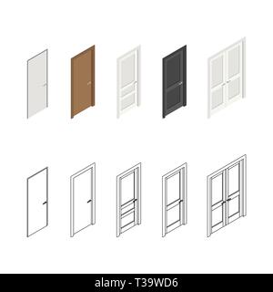 Icons of doors, isometric views of color or lines drawings. Illustration of set with different doors. Stock Vector