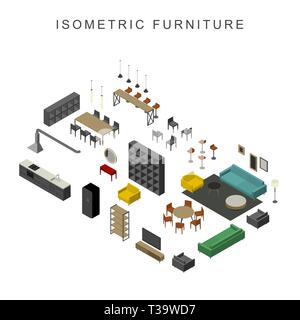 Furniture set in isometric view. Illustration of living room furniture. Stock Vector