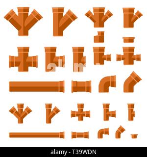 Brown sewage pipes flat icons. Set parts and pipes of engineering sewer system. Stock Vector