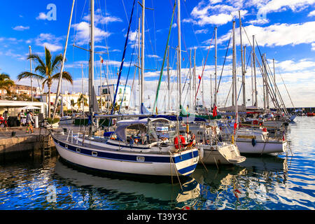 Beautiful Puerto de Mogan village,view with boats and houses,Gran Canaria,Spain Stock Photo