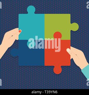 Four Blank Multi Color Jigsaw Puzzle Tile Pieces Put Together by Human Hands Design business Empty copy space text for Ad website promotion isolated B Stock Vector