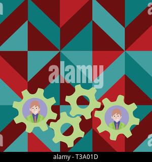 Two Business People Each Inside Colorful Cog Wheel Gears for Teamwork Event Design business concept Empty copy text for Web banners promotional materi Stock Vector