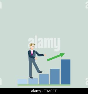 Smiling Businessman Climbing Colorful Bar Chart Following an Arrow Going Up Business Empty template for Layout for invitation greeting card promotion  Stock Vector