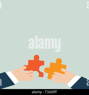 Two Hands Holding Colorful Jigsaw Puzzle Pieces about to Interlock the Tiles Design business Empty copy space text for Ad website promotion isolated B Stock Vector