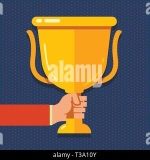 Hand Holding Blank Golden Championship Winners Cup Trophy with Reflection Design business Empty copy space text for Ad website promotion isolated Bann Stock Vector