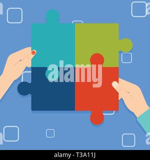 Four Blank Multi Color Jigsaw Puzzle Tile Pieces Put Together by Human Hands Design business concept. Business ad for website and promotion banners. e Stock Vector