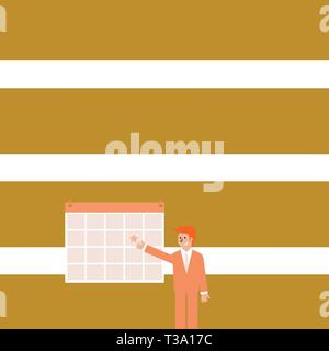 Businessman Smiling and Pointing to Colorful Calendar with Star Hang on Wall Business Empty template for Layout for invitation greeting card promotion Stock Vector