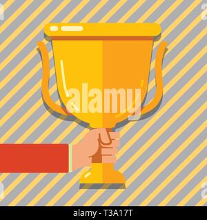 Hand Holding Blank Golden Championship Winners Cup Trophy with Reflection Business concept Empty template copy space isolated Posters coupons promotio Stock Vector