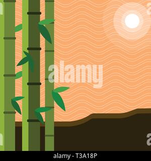 Colorful Sets of Leafy Bamboo on Left Side and Moon or Sun with Round Beam Business concept Empty template copy space isolated Posters coupons promoti Stock Vector
