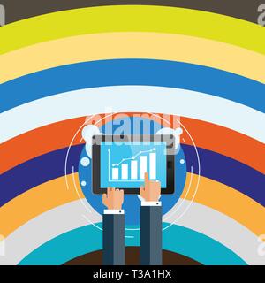 Businessman Hand Touching Pointing to Bar Line Chart on Smartphone Screen. Design business concept Empty copy text for Web banners promotional materia Stock Vector