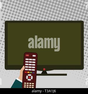 Hand Holding Computer Remote Control infront of Blank Wide Color PC Screen Design business Empty template isolated Minimalist graphic layout template  Stock Vector