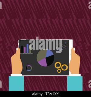 Hands Holding Tablet with Search Engine Optimization Driver Icons on Screen Design business concept Empty copy space modern abstract background Stock Vector