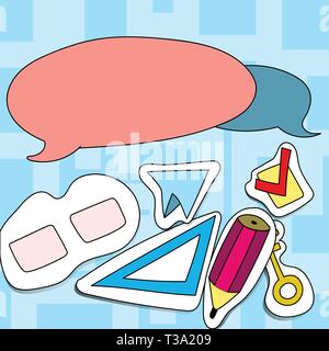 Two Blank Colorful Speech Balloon and Different Labels Sticker Style Icons Design business concept Empty copy space modern abstract background Stock Vector