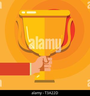 Hand Holding Blank Golden Championship Winners Cup Trophy with Reflection Design business concept Empty copy text for Web banners promotional material Stock Vector