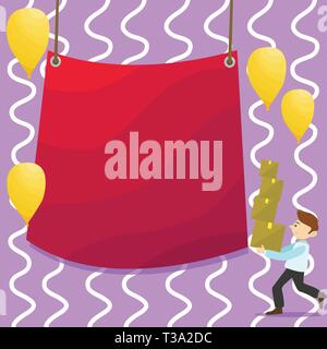 Man Carrying Pile of Boxes with Blank Tarpaulin in the Center and Balloons Business Empty template for Layout for invitation greeting card promotion p Stock Vector