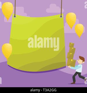 Man Carrying Pile of Boxes with Blank Tarpaulin in the Center and Balloons Design business Empty template isolated Minimalist graphic layout template  Stock Vector
