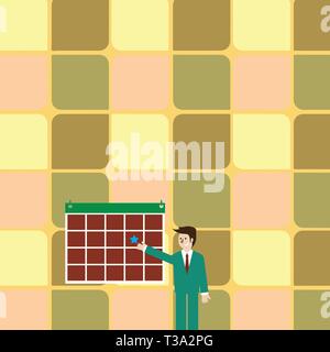 Businessman Smiling and Pointing to Colorful Calendar with Star Hang on Wall Business concept Empty template copy space isolated Posters coupons promo Stock Vector