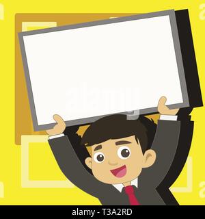 Young Smiling Student Raising Upward Blank Framed Whiteboard Above his Head Design business Empty template isolated Minimalist graphic layout template Stock Vector