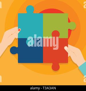 Four Blank Multi Color Jigsaw Puzzle Tile Pieces Put Together by Human Hands Design business concept Empty copy text for Web banners promotional mater Stock Vector
