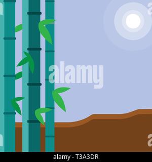 Colorful Sets of Leafy Bamboo on Left Side and Moon or Sun with Round Beam Copy Space design Empty template text for Ad, promotion, poster, flyer, web Stock Vector