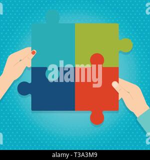Four Blank Multi Color Jigsaw Puzzle Tile Pieces Put Together by Human Hands Copy Space design Empty template text for Ad, promotion, poster, flyer, w Stock Vector
