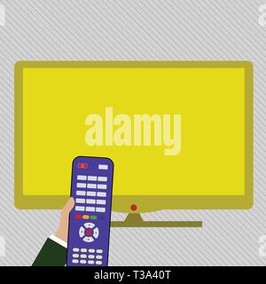 Hand Holding Computer Remote Control infront of Blank Wide Color PC Screen Design business concept Empty copy space modern abstract background Stock Vector