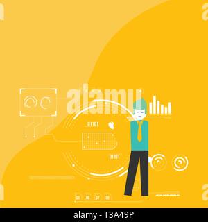 Man Standing Holding Pen Pointing to Chart Diagram with SEO Process Icons Business concept Empty template copy space isolated Posters coupons promotio Stock Vector
