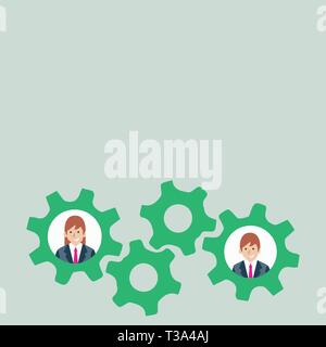 Two Business People Each Inside Colorful Cog Wheel Gears for Teamwork Event Design business concept Empty copy space modern abstract background Stock Vector