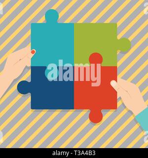 Four Blank Multi Color Jigsaw Puzzle Tile Pieces Put Together by Human Hands Business concept Empty template copy space isolated Posters coupons promo Stock Vector