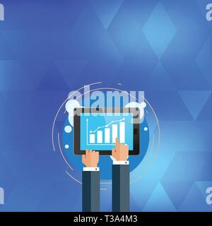 Businessman Hand Touching Pointing to Bar Line Chart on Smartphone Screen. Design business Empty template isolated Minimalist graphic layout template  Stock Vector
