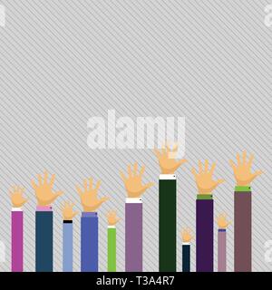 Hands of Several Businessmen Raising Up Above the Head, Palm Facing Front Design business concept Empty copy text for Web banners promotional material Stock Vector