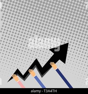 Three Hands Holding Colorful Zigzag Lightning Arrow Pointing and Going Up. Design business Empty template isolated Minimalist graphic layout template  Stock Vector
